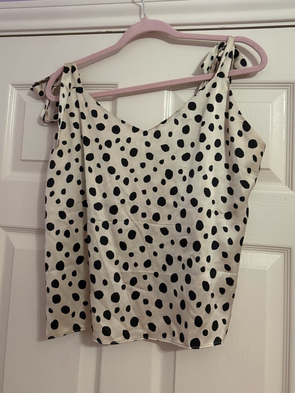 Reformation Black & Cream Polka Dot Tie-Shoulder Cami